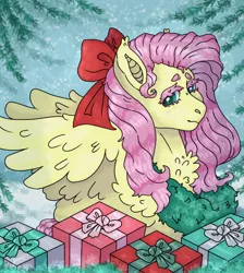 Size: 1300x1450 | Tagged: safe, artist:cluterdrop, derpibooru import, fluttershy, pegasus, pony, g4, bat ears, bow, chest fluff, christmas, christmas wreath, female, hair bow, holiday, image, jpeg, lidded eyes, looking at you, mare, present, smiling, smiling at you, snow, solo, wreath