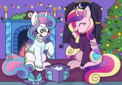 Size: 4228x2928 | Tagged: safe, artist:nordicgoat, derpibooru import, princess cadance, princess flurry heart, alicorn, pony, g4, christmas, christmas tree, clothes, duo, female, holiday, image, mother and child, mother and daughter, older, older flurry heart, png, present, sweater, tree