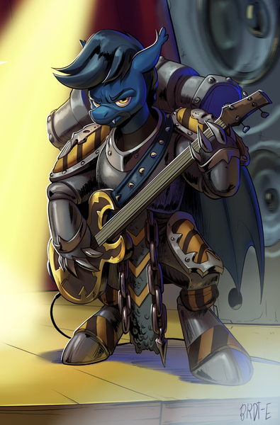 Size: 1253x1903 | Tagged: safe, alternate version, artist:brdte, derpibooru import, oc, oc:atin nyamic, unofficial characters only, bat pony, armor, bass guitar, bat pony oc, bat wings, chaos, chaos space marine, crossover, hazard stripes, image, iron warriors, male, musical instrument, png, power armor, solo, solo male, space marine, space marine pony, speaker, spotlight, stage, warhammer (game), warhammer 40k, wings