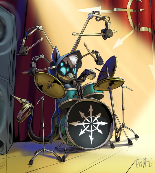 Size: 1332x1491 | Tagged: safe, artist:brdte, derpibooru import, oc, oc:gear works, unofficial characters only, cyborg, cyborg pony, pony, augmentation, chaos, chaos star, clothes, crossover, curtains, cymbals, drums, drumsticks, hood, image, mask, musical instrument, png, robe, robotic arm, servo arm, speaker, stage, tambourine, techpriest, warhammer (game), warhammer 40k