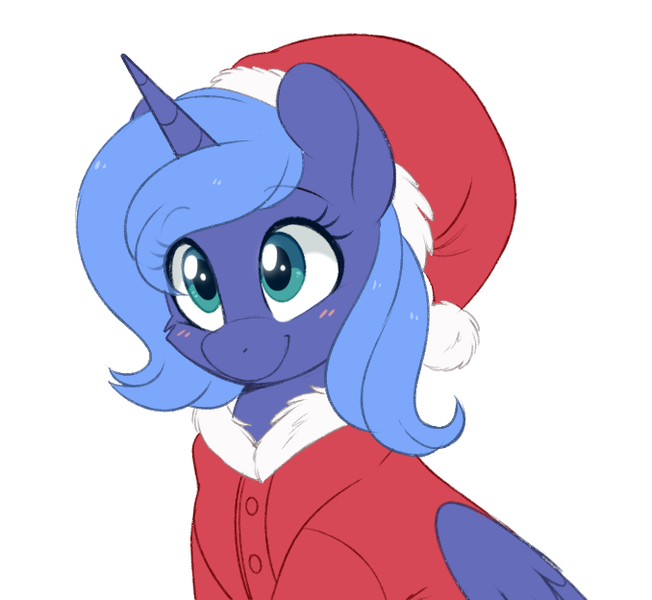 Size: 678x624 | Tagged: safe, artist:higgly-chan, derpibooru import, princess luna, alicorn, pony, g4, blushing, bust, christmas, clothes, costume, female, half body, hat, holiday, horn, image, looking up, mare, png, s1 luna, santa costume, santa hat, simple background, smiling, solo, white background, wings