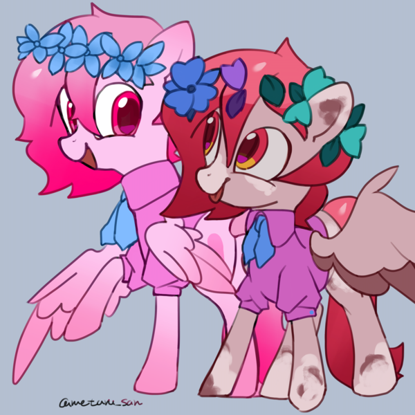 Size: 4096x4096 | Tagged: safe, artist:metaruscarlet, derpibooru import, oc, oc:metaru scarlet, unofficial characters only, pegasus, pony, clothes, flower, flower in hair, image, leaves, leaves in hair, looking at each other, looking at someone, open mouth, pegasus oc, png, ponysona, raised hoof, simple background, spotted, tongue out, wings