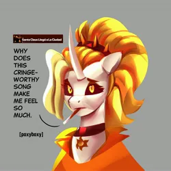 Size: 3600x3600 | Tagged: safe, artist:poxy_boxy, derpibooru import, oc, oc:dyx, alicorn, pony, bust, cigarette, colored sclera, dialogue, female, gray background, image, jpeg, looking at you, mare, older, older dyx, simple background, smoking, solo, talking to viewer