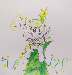 Size: 3932x4096 | Tagged: safe, artist:mirio_p2, derpibooru import, derpy hooves, pegasus, pony, g4, christmas, christmas lights, christmas tree, colored, derpy star, female, full body, full color, holiday, image, jpeg, mare, open mouth, open smile, outstretched arms, smiling, solo, text, traditional art, tree