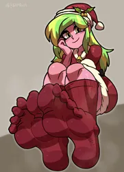 Size: 1824x2522 | Tagged: suggestive, artist:reathroch, derpibooru import, lemon zest, human, equestria girls, g4, christmas, clothes, colored background, costume, feet, fetish, foot fetish, foot focus, hat, holiday, image, looking at you, png, santa costume, santa hat, signature, sitting, skirt, smiling, smiling at you, sock fetish, socks, soles, solo, sweat, sweater, sweaty feet, toes