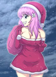 Size: 2048x2828 | Tagged: suggestive, artist:sumin6301, derpibooru import, fluttershy, butterfly, insect, equestria girls, g4, 2d, bangs, breasts, christmas, christmas 2024, christmas outfit, cleavage, clothes, cloud, costume, evening gloves, eyeshadow, female, gloves, hairclip, hat, holiday, image, jpeg, lipstick, long gloves, looking at you, makeup, night, outdoors, pointing, pointing at you, santa costume, santa hat, sky, smiling, smiling at you, solo