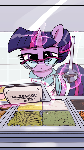 Size: 1080x1926 | Tagged: safe, artist:vultraz, ponerpics import, twilight sparkle, pony, unicorn, alternate hairstyle, apron, cafeteria, clothes, female, glasses, image, ladle, levitation, looking at you, magic, mare, png, shirt, slop, solo, telekinesis, tray