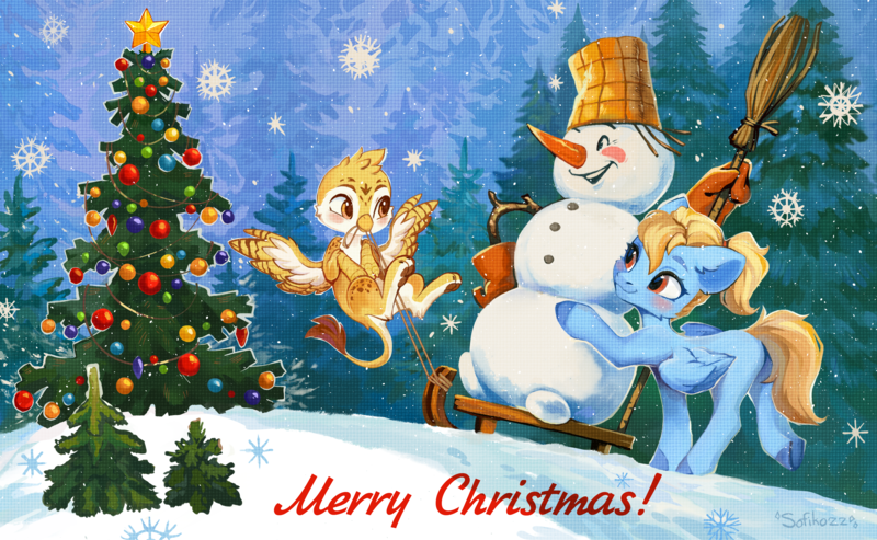 Size: 5168x3183 | Tagged: safe, artist:sofiko-ko, derpibooru import, oc, oc:beaky, oc:brave blossom, unofficial characters only, gryphon, pegasus, pony, broom, christmas, christmas tree, cute, derpibooru exclusive, duo, female, griffon oc, happy, high res, holiday, image, male, mother and child, mother and son, night, paw pads, paws, png, postcard, sled, snow, snowman, tree, winter