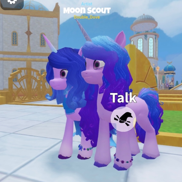 Size: 1106x1106 | Tagged: safe, derpibooru import, izzy moonbow, oc, pony, unicorn, g5, 3d, bracelet, duo, duo female, female, friendship bracelet, horn, image, jewelry, jpeg, looking offscreen, my little pony: bridlewood rp, not izzy moonbow, roblox, roleplay, side view, unicorn oc, video game, zephyr heights