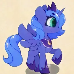 Size: 3000x3000 | Tagged: safe, artist:zokkili, derpibooru import, princess luna, alicorn, pony, g4, crown, eye clipping through hair, eyebrows, eyebrows visible through hair, female, filly, filly luna, hoof shoes, horn, image, jewelry, jpeg, peytral, princess shoes, raised hoof, raised leg, regalia, smiling, solo, spread wings, standing on two hooves, wings, woona, younger