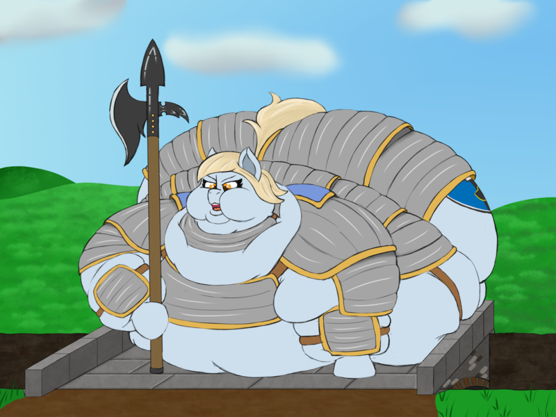 Size: 1667x1250 | Tagged: safe, artist:thewindking, derpibooru import, oc, oc:firm stance, unofficial characters only, earth pony, pony, armor, bridge, butt, chubby cheeks, clothes, double chin, fat, fat fetish, fetish, halberd, huge butt, image, impossibly large butt, large belly, large butt, obese, png, simple background, tight clothing, unfitting armor, weapon