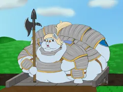 Size: 1667x1250 | Tagged: safe, artist:thewindking, derpibooru import, oc, oc:firm stance, unofficial characters only, earth pony, pony, armor, bridge, butt, chubby cheeks, clothes, double chin, fat, fat fetish, fetish, halberd, huge butt, image, impossibly large butt, large belly, large butt, obese, png, simple background, tight clothing, unfitting armor, weapon