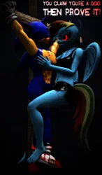 Size: 2160x3700 | Tagged: grimdark, artist:[j.b.m], derpibooru import, rainbow dash, oc, oc:rainbowdash.exe, unofficial characters only, alicorn, anthro, cyborg, pegasus, plantigrade anthro, pony, g4, .exe, 3d, barefoot, belly, belly button, belt, belt buckle, black leather, black sclera, blood, breasts, clothes, creepypasta, crossover, crossover shipping, cyborg alicorn, feet, female, glow, glowing eyes, high res, image, leather, legs, license:cc by-nc-sa 4.0, mare, midriff, miniskirt, png, rainbow dash.exe, rainbow.exe, red eyes, sexy but deadly, shipping, skirt, smiling, sonic the hedgehog, sonic the hedgehog (series), sonic.exe, source filmmaker, sports bra, spread wings, string lights, text, thighs, wings