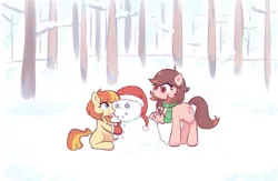 Size: 1365x889 | Tagged: safe, artist:deerie, derpibooru import, oc, oc:aimless, oc:wormy, unofficial characters only, earth pony, pony, candy, candy cane, christmas, clothes, female, filly, foal, food, forest, gloves, hat, holiday, image, mare, nature, png, santa hat, scarf, sitting, smiling, snow, snowmare, snowpony, standing, tree