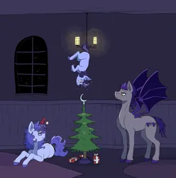 Size: 1159x1166 | Tagged: safe, artist:paskanaakka, derpibooru import, oc, oc:dartwing, oc:dusklight dewdrop, oc:midnight dew, unofficial characters only, pony, unicorn, alternate timeline, christmas, christmas tree, derpibooru exclusive, female, filly, foal, holiday, horn, image, male, mare, nightmare takeover timeline, parents and child, png, stallion, tree, unshorn fetlocks