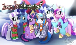 Size: 2000x1183 | Tagged: safe, artist:ossilia flawol, derpibooru import, night light, princess cadance, princess flurry heart, shining armor, spike, twilight sparkle, twilight sparkle (alicorn), twilight velvet, oc, oc:portal bump, alicorn, g4, alicorn oc, canon x oc, christmas, christmas sweater, clothes, companion cube, crown, earmuffs, family, family photo, female, group photo, hearth's warming, holiday, horn, image, jewelry, lesbian, male, my little pony, my little pony best gift ever, png, portal (valve), regalia, scarf, ship:portalsparkle, ship:shiningcadance, shipping, snow, sparkle family, star flurry heart, straight, sweater, twilight's castle, wings, winter outfit