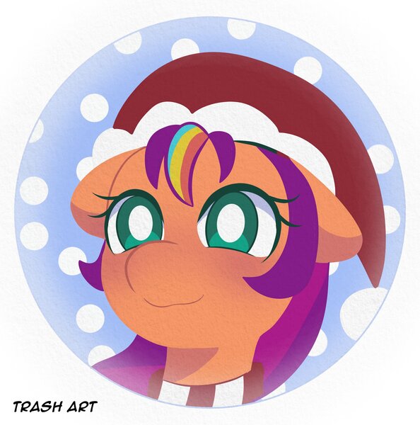 Size: 2028x2048 | Tagged: safe, artist:eltrash_art6, derpibooru import, sunny starscout, earth pony, pony, g5, blushing, christmas, clothes, cute, female, hat, holiday, icon, image, jpeg, mare, santa hat, scarf, snow, solo, sunnybetes