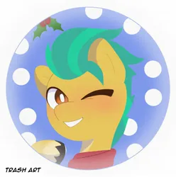 Size: 2028x2048 | Tagged: safe, artist:eltrash_art6, derpibooru import, earth pony, pony, blushing, christmas, clothes, grin, holiday, holly, holly mistaken for mistletoe, icon, image, jpeg, male, markings, one eye closed, scarf, smiling, snow, solo, stallion, unshorn fetlocks, wink