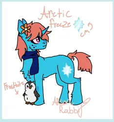 Size: 730x780 | Tagged: safe, artist:arsonrabbit, derpibooru import, oc, oc:arctic freeze, unofficial characters only, bird, penguin, pony, unicorn, g4, abstract background, blue coat, clothes, digital art, female, flower, flower in hair, freckles, horn, image, looking back, mare, orange hair, orange mane, orange tail, passepartout, png, red eyes, scarf, signature, simple background, solo, tail, unicorn oc, wingding eyes