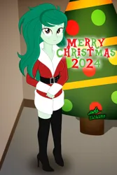 Size: 1440x2160 | Tagged: safe, artist:gibsterboy5, derpibooru import, wallflower blush, human, equestria girls, g4, belt, boots, breasts, christmas, christmas tree, cleavage, clothes, complex background, costume, female, hands together, high heel boots, high heels, holiday, image, jpeg, looking up, merry christmas, santa costume, shoes, signature, solo, standing, text, tree