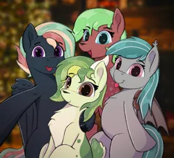 Size: 2063x1884 | Tagged: safe, artist:single purpose, derpibooru import, oc, oc:jora asters, oc:malachite cluster, oc:rhythm fruit, oc:treading step, unofficial characters only, bat pony, deer, pegasus, christmas, female, glasses, holiday, image, jpeg, looking at you, male, selfie, smiling, smiling at you, wings