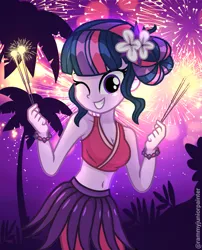 Size: 2015x2490 | Tagged: safe, artist:rjp.rammy, derpibooru import, twilight sparkle, human, equestria girls, g4, alternate hairstyle, belly, belly button, bracelet, breasts, clothes, cute, female, fireworks, flower, flower in hair, grass skirt, grin, image, jewelry, midriff, one eye closed, png, short shirt, skirt, smiling, solo, sparkler (firework), twiabetes, wink