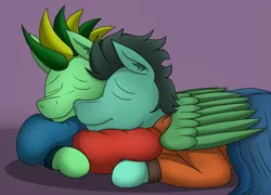 Size: 3787x2723 | Tagged: safe, artist:tacomytaco, derpibooru import, oc, oc:taco.m.tacoson, unofficial characters only, pegasus, pony, blanket, gradient background, hug, image, lying down, male, pillow, png, sleeping, smiling, snuggling, winghug, wings