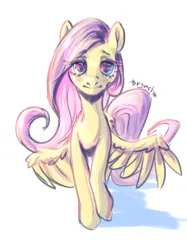 Size: 1662x2217 | Tagged: safe, artist:brymcha, derpibooru import, fluttershy, pegasus, pony, g4, female, image, jpeg, looking at you, mare, simple background, smiling, smiling at you, solo, spread wings, walking, white background, wings, wings down