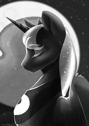 Size: 2480x3508 | Tagged: safe, artist:brymcha, derpibooru import, princess luna, alicorn, pony, g4, bust, eyes closed, female, grayscale, high res, image, jpeg, mare, monochrome, profile, solo