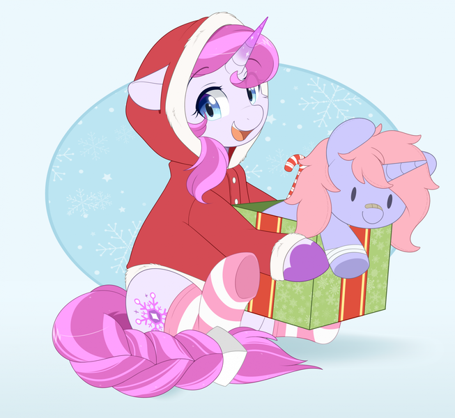 Size: 2002x1840 | Tagged: safe, artist:higgly-chan, derpibooru import, oc, oc:collision crash, unofficial characters only, pony, unicorn, christmas, clothes, costume, cute, eye clipping through hair, female, holding, holiday, horn, image, mare, open mouth, open smile, plushie, png, present, santa costume, simple background, sitting, smiling, socks, striped socks, white background