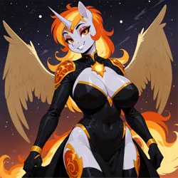 Size: 1248x1248 | Tagged: suggestive, ai content, machine learning generated, prompter:ramaca, daybreaker, princess celestia, alicorn, anthro, g4, absolute cleavage, big breasts, breasts, busty daybreaker, cleavage, clothes, dress, female, fire, image, jpeg, looking at you, night, night sky, sky, smiling, smiling at you, solo, solo female, space, stars, total sideslit, wings