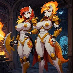 Size: 1248x1248 | Tagged: suggestive, ai content, machine learning generated, prompter:acamar, oc, unofficial characters only, anthro, earth pony, g4, armor, armored pony, axe, big breasts, breasts, burning, duo, duo female, female, fire, image, jpeg, muscles, muscular female, pasties, portal, siblings, sisters, smiling, statue, warhammer (game), warhammer 40k, weapon