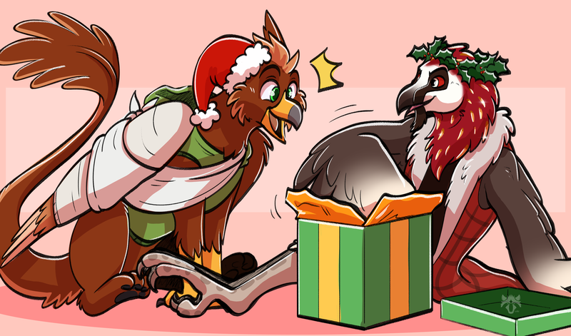 Size: 4172x2456 | Tagged: safe, artist:lou raccoon, derpibooru import, oc, oc:cyrus, oc:pavlos, anthro, gryphon, bandage, beak, bearded vulture, broken bone, broken wing, cast, cheek fluff, christmas, claws, clothes, colored wings, commission, eared griffon, griffon oc, holiday, image, injured, non-pony oc, nonbinary, png, sling, tail, wings