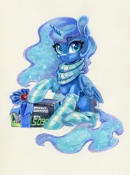 Size: 1118x1500 | Tagged: safe, artist:maytee, derpibooru import, princess luna, alicorn, pony, gamer luna, g4, box, christmas, clothes, graphics card, holiday, image, png, present, scarf, simple background, socks, solo, striped scarf, striped socks, traditional art, white background