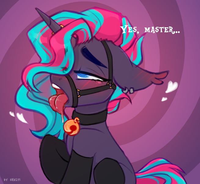 Size: 2400x2200 | Tagged: suggestive, artist:shelti, derpibooru import, oc, oc:synthie glitch, unofficial characters only, bat pony, bat pony unicorn, hybrid, pony, unicorn, ahegao, bat pony oc, bat wings, bedroom eyes, bell, bell collar, blushing, bridle, clothes, collar, drool, ear piercing, ear tufts, earring, female, femsub, glow, glowing eyes, halter, horn, horn ring, horny, hypnosis, image, jewelry, magic suppression, mare, open mouth, piercing, png, ring, socks, solo, solo female, stockings, submissive, tack, thigh highs, tongue out, unicorn oc, wings