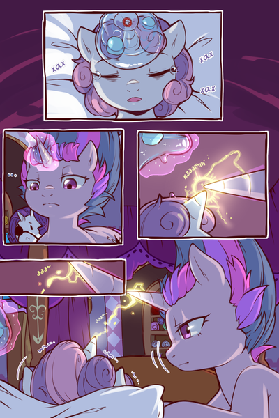 Size: 960x1440 | Tagged: safe, artist:cold-blooded-twilight, derpibooru import, edit, rarity, sweetie belle, twilight sparkle, pony, unicorn, cold blooded twilight, comic:cold storm (ru), g4, bedroom, comic, crying, cyrillic, eyepatch, eyes closed, female, filly, foal, glow, glowing horn, horn, ice, ice pack, image, lidded eyes, magic, magic aura, mare, messy mane, open mouth, pillow, png, russian, telekinesis, translation, translator:agent00k0t, unicorn twilight