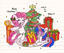 Size: 1948x1624 | Tagged: safe, artist:肝到驾崩, derpibooru import, pinkie pie, twilight sparkle, g4, box, christmas, christmas tree, hat, holiday, image, lined paper, magic, png, present, santa hat, telekinesis, traditional art, tree