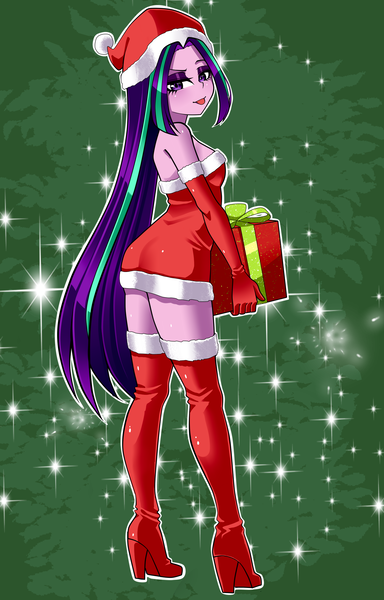 Size: 1600x2500 | Tagged: safe, artist:nekojackun, derpibooru import, aria blaze, human, equestria girls, g4, 2d, boots, breasts, christmas, christmas 2024, christmas outfit, clothes, costume, eyeshadow, female, hat, high heel boots, high heels, holiday, image, long hair, looking at you, makeup, png, present, santa costume, santa hat, shoes, sideboob, smiling, smiling at you, socks, solo, thigh highs, tongue out