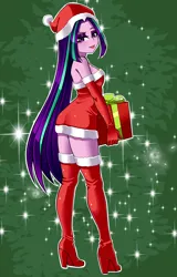 Size: 1600x2500 | Tagged: safe, artist:nekojackun, derpibooru import, aria blaze, human, equestria girls, g4, 2d, boots, breasts, christmas, christmas 2024, christmas outfit, clothes, costume, eyeshadow, female, hat, high heel boots, high heels, holiday, image, long hair, looking at you, makeup, png, present, santa costume, santa hat, shoes, sideboob, smiling, smiling at you, socks, solo, thigh highs, tongue out