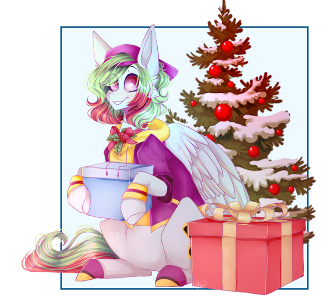 Size: 934x856 | Tagged: artist needed, safe, derpibooru import, oc, oc:precised note, pegasus, baseball cap, big ears, cap, christmas, christmas tree, clothes, cosplay, costume, cute, female, grin, hat, holiday, holly, hoodie, image, king of fighters, lucky glauber, ornament, png, present, ribbon, shoes, simple background, sitting, smiling, snow, sweatband, tail, transparent background, tree, two toned mane, two toned tail, watermark, wristband