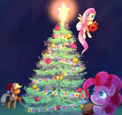 Size: 2160x2050 | Tagged: safe, artist:andromedasparkz, derpibooru import, applejack, fluttershy, pinkie pie, earth pony, pegasus, pony, g4, christmas, christmas tree, cupcake, eating, eyes closed, female, food, hat, high res, holiday, image, mare, merry christmas, png, present, santa hat, smiling, tree, trio, trio female