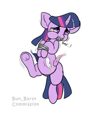 Size: 938x1160 | Tagged: safe, artist:bun_burst, derpibooru import, twilight sparkle, pony, unicorn, g4, bondage, commission, fetish, gag, horn, image, implied princess cadance, implied princess celestia, implied princess luna, magic, muffled laughter, png, solo, tape, tape bondage, tape gag, tickle fetish, tickling, unicorn twilight