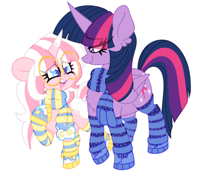 Size: 2283x2000 | Tagged: safe, artist:ladylullabystar, derpibooru import, twilight sparkle, twilight sparkle (alicorn), oc, oc:lady lullaby star, alicorn, pony, unicorn, g4, clothes, eye clipping through hair, female, glasses, horn, image, mare, png, scarf, simple background, socks, transparent background