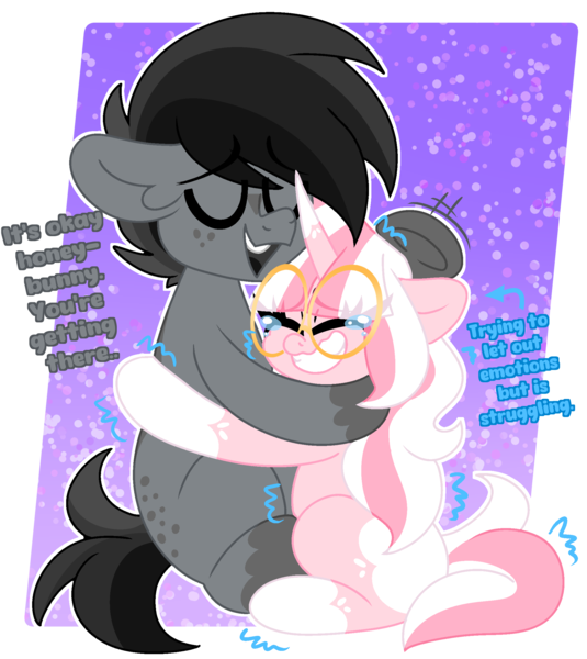 Size: 2000x2245 | Tagged: safe, artist:ladylullabystar, derpibooru import, oc, oc:lady lullaby star, oc:yoshter7, unofficial characters only, earth pony, pony, unicorn, crying, emanata, female, glasses, gradient background, horn, hug, image, male, mare, oc x oc, partially transparent background, passepartout, png, ponysona, purple background, round glasses, shipping, simple background, sitting, stallion, straight, unicorn oc