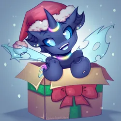 Size: 3000x3000 | Tagged: safe, artist:chaosangeldesu, derpibooru import, oc, unofficial characters only, changeling, box, changeling oc, choker, christmas, commission, hat, holiday, horn, horn ring, image, jewelry, jpeg, looking at you, ring, santa hat, smiling, smiling at you, snow, solo, spread wings, wings, ych result