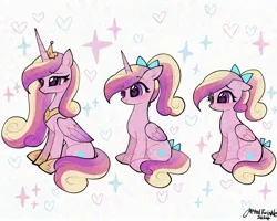 Size: 2048x1638 | Tagged: safe, artist:petaltwinkle, derpibooru import, princess cadance, alicorn, g4, blushing, bow, crown, cutie mark, digital art, evolution, eyelashes, folded wings, growing up, hair bow, horn, image, jewelry, jpeg, lidded eyes, multicolored hair, multicolored mane, multicolored tail, pink body, pink fur, regalia, signature, simple background, sitting, smiling, sparkles, tail, white background, wings