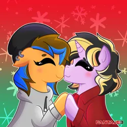 Size: 1080x1080 | Tagged: safe, artist:fantaje3, derpibooru import, oc, earth pony, unicorn, androgynous, beanie, blushing, christmas, clothes, cute, duo, duo male and female, dyed mane, ear piercing, earring, eyes closed, female, gradient background, hat, holding hooves, holiday, hoodie, horn, image, jacket, jewelry, male, oc x oc, piercing, png, shipping, smiling, snow, snowflake, straight