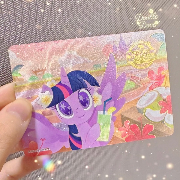 Size: 1845x1845 | Tagged: safe, derpibooru import, official, twilight sparkle, twilight sparkle (alicorn), alicorn, elephant, pony, g4, card, coconut, cutie mark eyes, drink, flower, food, front view, image, irl, jpeg, kayou, merchandise, photo, solo, spread wings, text, thailand, wingding eyes, wings