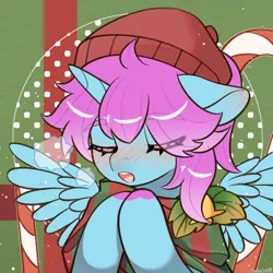 Size: 1280x1280 | Tagged: artist needed, safe, derpibooru import, oc, oc:柒染, unofficial characters only, alicorn, pony, alicorn oc, blush lines, blushing, breath, candy, candy cane, christmas, clothes, colored hooves, female, food, holiday, hooves, horn, image, mare, png, scarf, solo, spread wings, striped scarf, wings