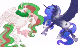 Size: 1024x616 | Tagged: safe, artist:snowberry, derpibooru import, princess celestia, princess luna, alicorn, pony, g4, alternate design, christmas, curved horn, duo, ethereal mane, female, festive, holiday, horn, image, jpeg, mare, realistic anatomy, realistic horse legs, simple background, smiling, snow, spread wings, unshorn fetlocks, wings, wreath